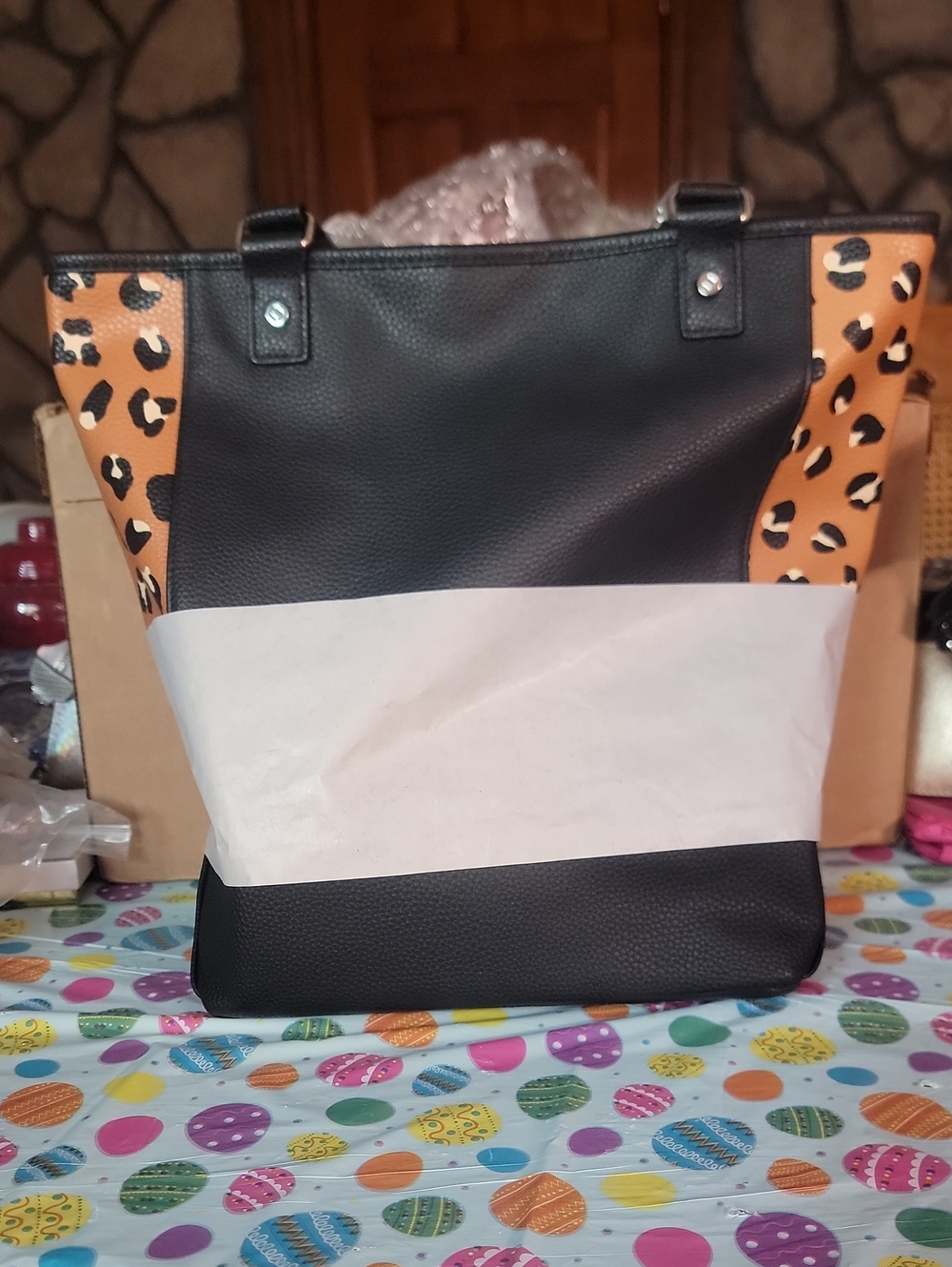 thirty-one Black Tote with Tan Leopard Panels
